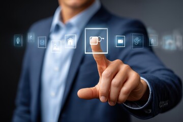 Businessman touching virtual interface, interacting with digital technology using his finger to select an icon, showcasing modern technology and seamless connectivity.