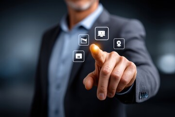 Businessman touching virtual interface with various icons on a touch screen interface, concept of modern communication technology in business management.
