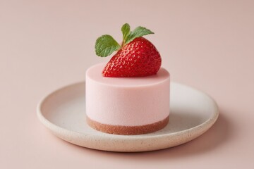 single elegant strawberry dessert artfully arranged against smooth solid light pink backdrop showcasing minimalistic