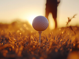Close-up of a golf ball on a tee, glowing in the golden light of sunset. Background blurred with a silhouette of a golfer preparing to swing.