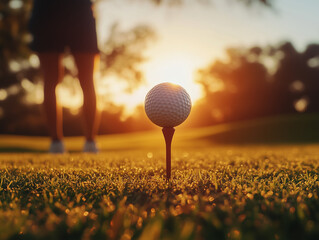 Close-up of a golf ball on a tee, glowing in the golden light of sunset. Background blurred with a silhouette of a golfer preparing to swing.