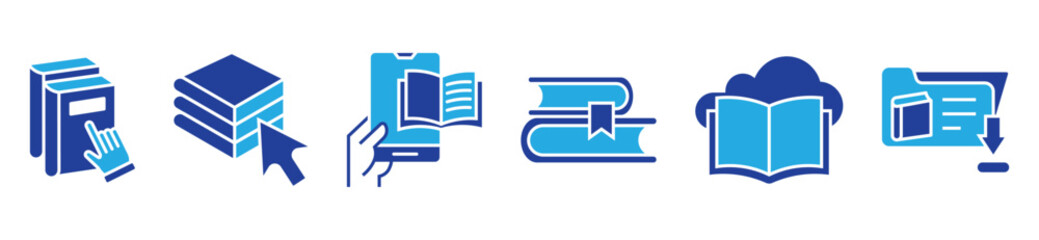 e-learning book download icon set online education digital library read journal literature signs vector illustration