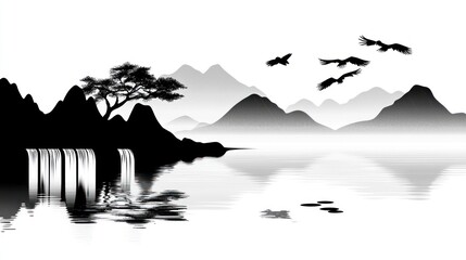 Fototapeta premium Tranquil mountain landscape with waterfall