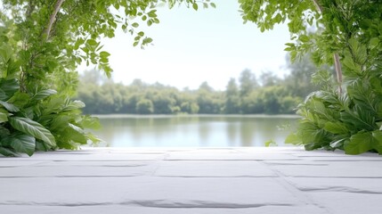 White Stone Platform Lush Greenery Serene Minimalist Style Soft Natural Light Wide Angle View Textured Surface Peaceful Lakeside Scene Soft Green Tones Ideal for Product Displays