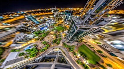 Nighttime aerial view of modern glass skyscraper with illuminated streets and green spaces