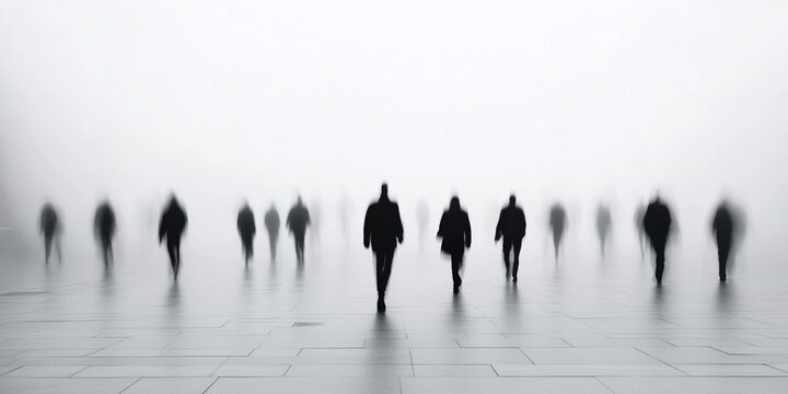 Silhouettes of People Walking in a Foggy Urban Environment
