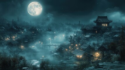 Fototapeta premium Mystical Night Village with Asian Architecture, and Moonlit Landscape.