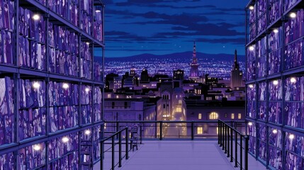 Fototapeta premium Nighttime cityscape view from rooftop balcony with illuminated multi-level structures filled with purple items
