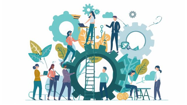 Team of professionals working together on gears and ladders in a collaborative environment setting