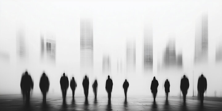 Silhouetted Figures Walking in a Foggy Urban Cityscape