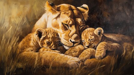 A Lioness's Tender Embrace: A Masterpiece of Wildlife Art