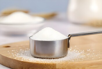 Close up of white granulated sugar in a metal spoon. Macro shot of crystal sugar in a spoon. Spoonful of granulated sugar. Sugar dosing. Ingredient. Cooking. Baking