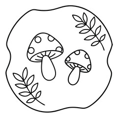 Mushroom vector Silhouette Line art illustration Fungi outline with leaf border