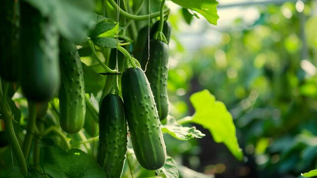 Green cucumbers growing on vines in a greenhouse ready for harvest.