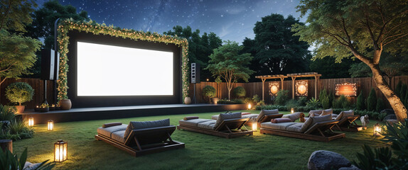 Evening outdoor movie screen setting for entertainment and relaxation under the stars