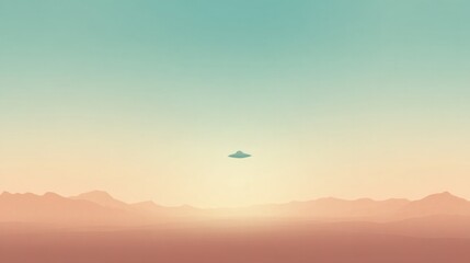 single ufo silhouette hovers over vast deserted landscape at dusk with pastel sky tones creating mysterious ambiance
