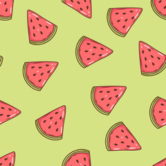 Watermelon vector seamless pattern. Ripe fruit pieces, halved and sliced. Fresh organic fruit illustration on green background for print,  fabric, swatch. Healthy vegan food