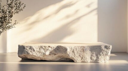 Rough stone platform, sunlit minimalist scene.