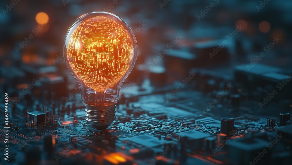 Poster glowing bulb digital code inside circuit board background innovative tech concept bright future warm