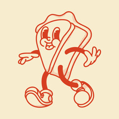 Happy retro mascot piece of pie character, smiling, running, cute shoes. Menu, homemade bakery symbol