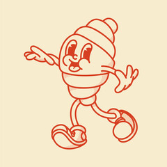 Happy retro mascot croissant character, smiling, in cute shoes. Menu, homemade bakery symbol