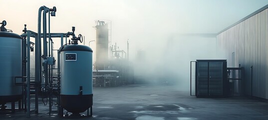 A compressed air dryer on the left, hazy background of industrial air system, right open 