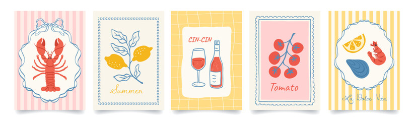 Fototapeta na wymiar Set of abstract food posters. Mediterranean cuisine. Hand drawn lemons, lobster, tomato, wine, shrimp. Italian summer vibe, Amalfi, dolce vita style. Trendy design for cards, print, kitchen, branding.