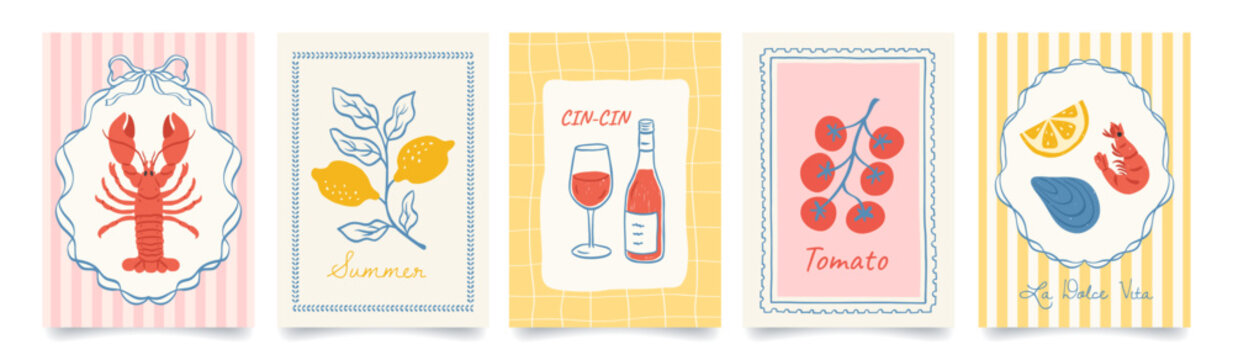 Naklejki Set of abstract food posters. Mediterranean cuisine. Hand drawn lemons, lobster, tomato, wine, shrimp. Italian summer vibe, Amalfi, dolce vita style. Trendy design for cards, print, kitchen, branding.