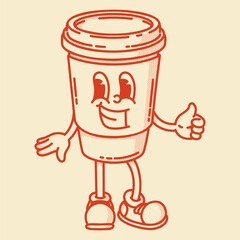 Smiling friendly coffe to go character mascot in shoes. Coffee shop mascot symbol. Hands up, finger up