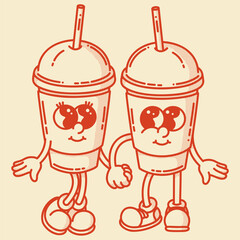 Smiling friendly coffe to go with straw character mascot in shoes. Coffee shop mascot symbol. Couple in love