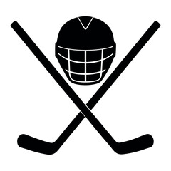 Illustrate a black hockey helmet and a hockey stick crossed together, set against a clean white background.