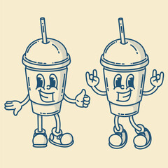 Smiling friendly coffe to go with straw character mascot in shoes. Coffee shop mascot symbol. Finger up, hand up
