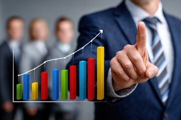 An executive points to a growth chart, illustrating business success and positive trends, with blurred colleagues in the background, showcasing teamwork and strategy.