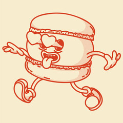 Happy retro mascot french sweet macaroon character, smiling, love gesture. Menu, homemade bakery symbol