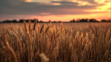 vast wheat field glowing under the golden hues of a summer sunset 