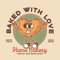 Bakery shop signboard logo template. Retro cookie biscuit mascot for promo banner flyer