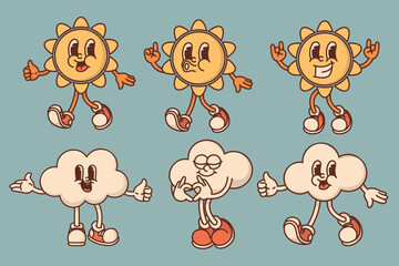 Cheerful sun and cloud character retro mascot with smiling face, shoes, hands in rock gesture. Cute spring or summer symbol