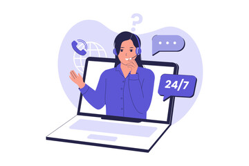 Online Customer Support 24/7. Virtual Assistance Illustration for Help Service. Illustration for websites, landing pages, mobile apps, posters and banners