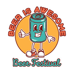 Beer festival signboard logo template. Retro tin can of beer mascot for promo banner flyer