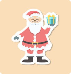 Santa claus holding a christmas present surrounded by snowflakes