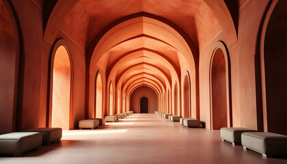 Fototapeta premium Arched Corridor Interior with Beige Benches Soft Orange Hue Textured Walls and Warm Natural Lighting Creates an Elegant Architectural Design