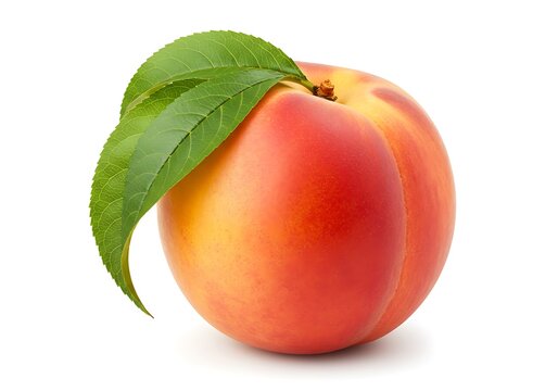 Close up of a single peach with two green leaves attached isolated on a white background surface