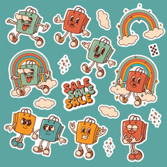 Retro style shopping bag mascot, shopping and sale sign. Star, cloud, rainbow