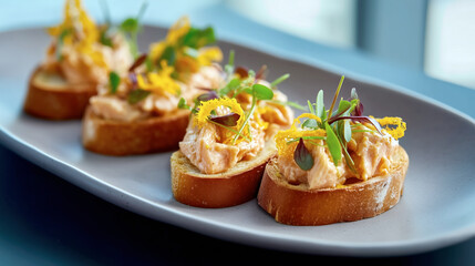 Crostini with salmon pat&eacute;, aromatic herbs and orange zest