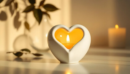 Heart Shaped Candle Holder Casting Warm Glow with Soft Shadows and Glass Vase for Serene Home Decor