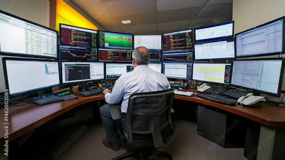 Aufkleber busy stock trader analyzing market data on multiple screens for investment decisions