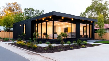 Modern, sleek, contemporary home with expansive windows.  Exterior features a dark facade,  allowing interior to shine through.  Landscaped yard adds visual appeal
