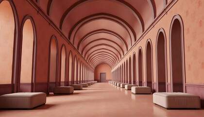 Obraz premium Pixelated Terracotta Corridor Featuring Symmetrical Arches and Benches Illuminated by Diffused Light Architectural Marvels