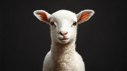 Fototapeta premium A cute white lamb with red ears is staring at the camera