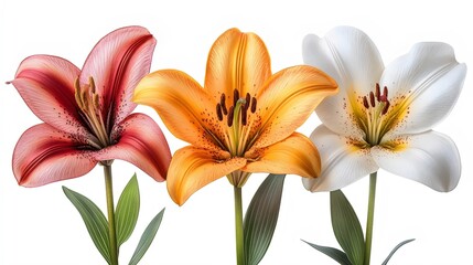 Fototapeta premium Three flowers of different colors are arranged in a row